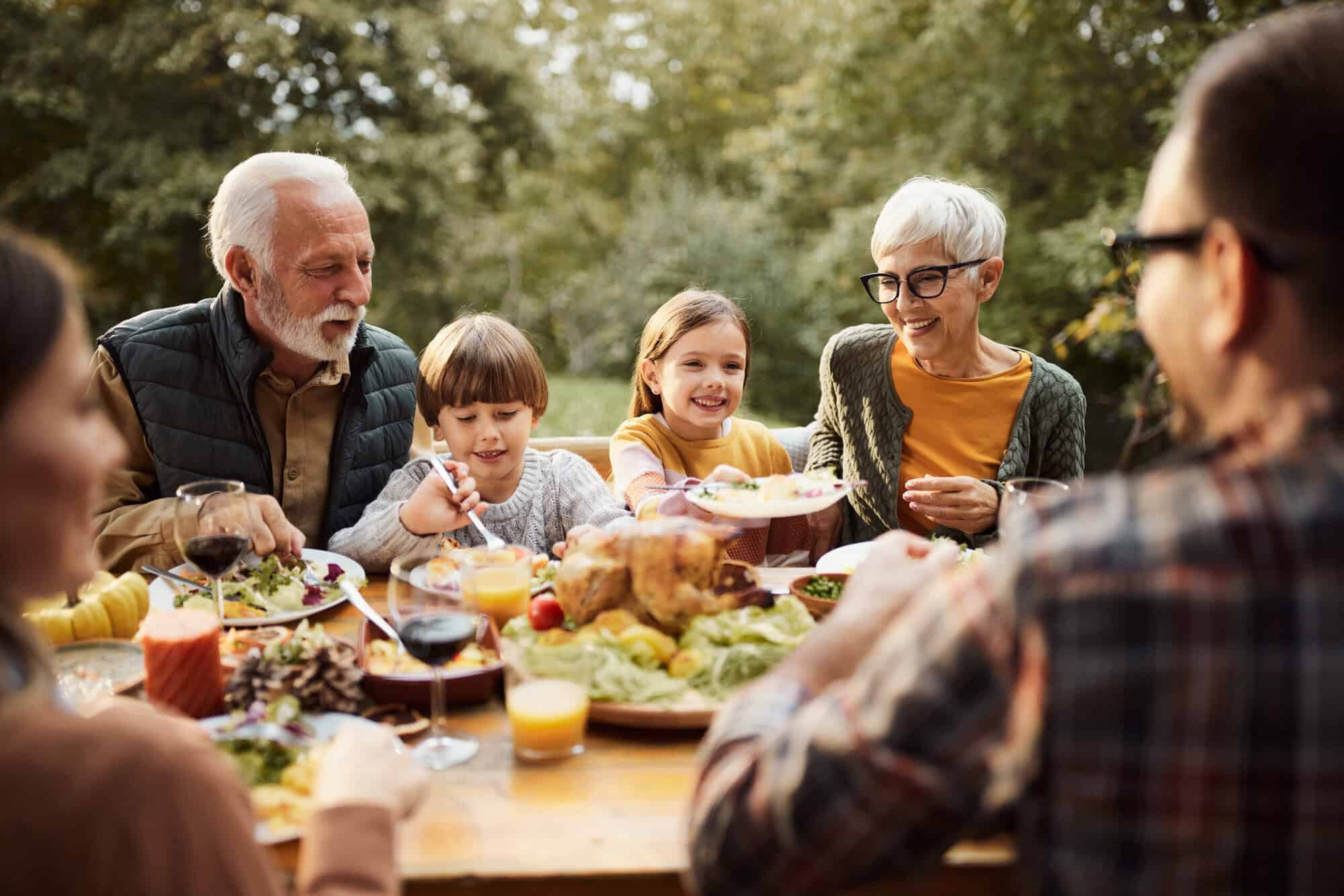 Happy extended family talking during a meal in nature.